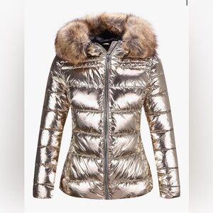 Women's Metallic Light Gold Puffer Jacket with Faux Fur Trim, S